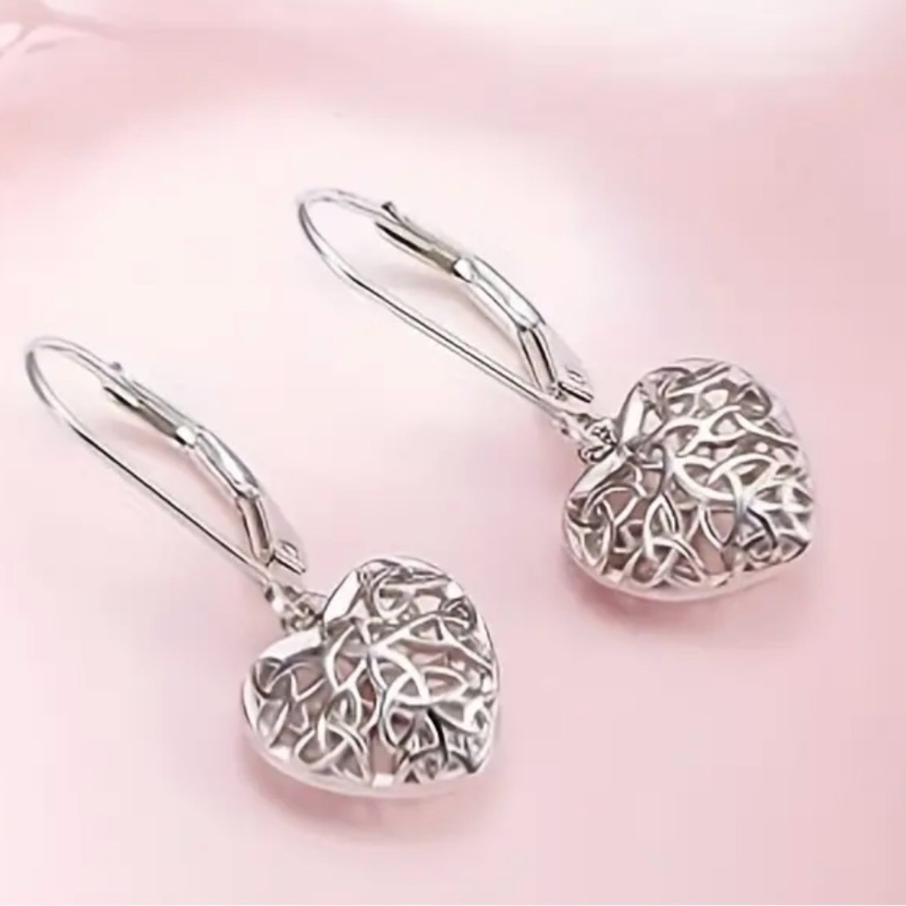 Sterling Silver Hollow Heart Drop Filigree Dangle Earrings - NWT - Picture 2 of 6